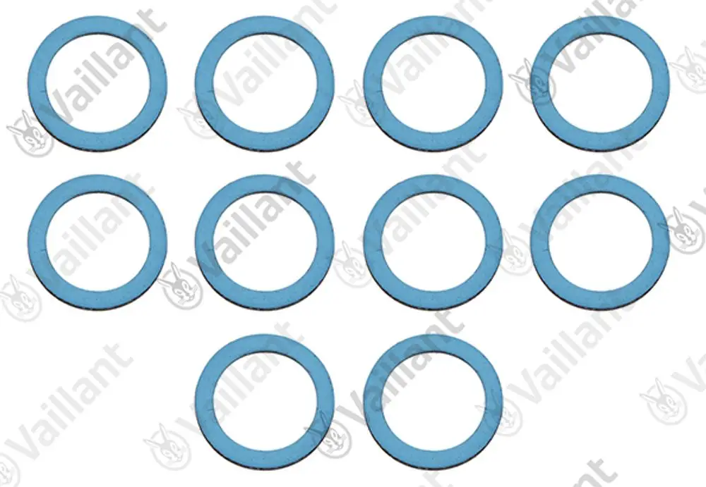 Zehn blaue Dichtungen in Ringform, möglicherweise von Vaillant, für Anwendungen wie Entlüftung. Sie sind gleichmäßig angeordnet.